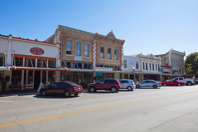 Georgetown, Texas, USA - November 3, 2020: Historic buildings in the commercial area on Main St