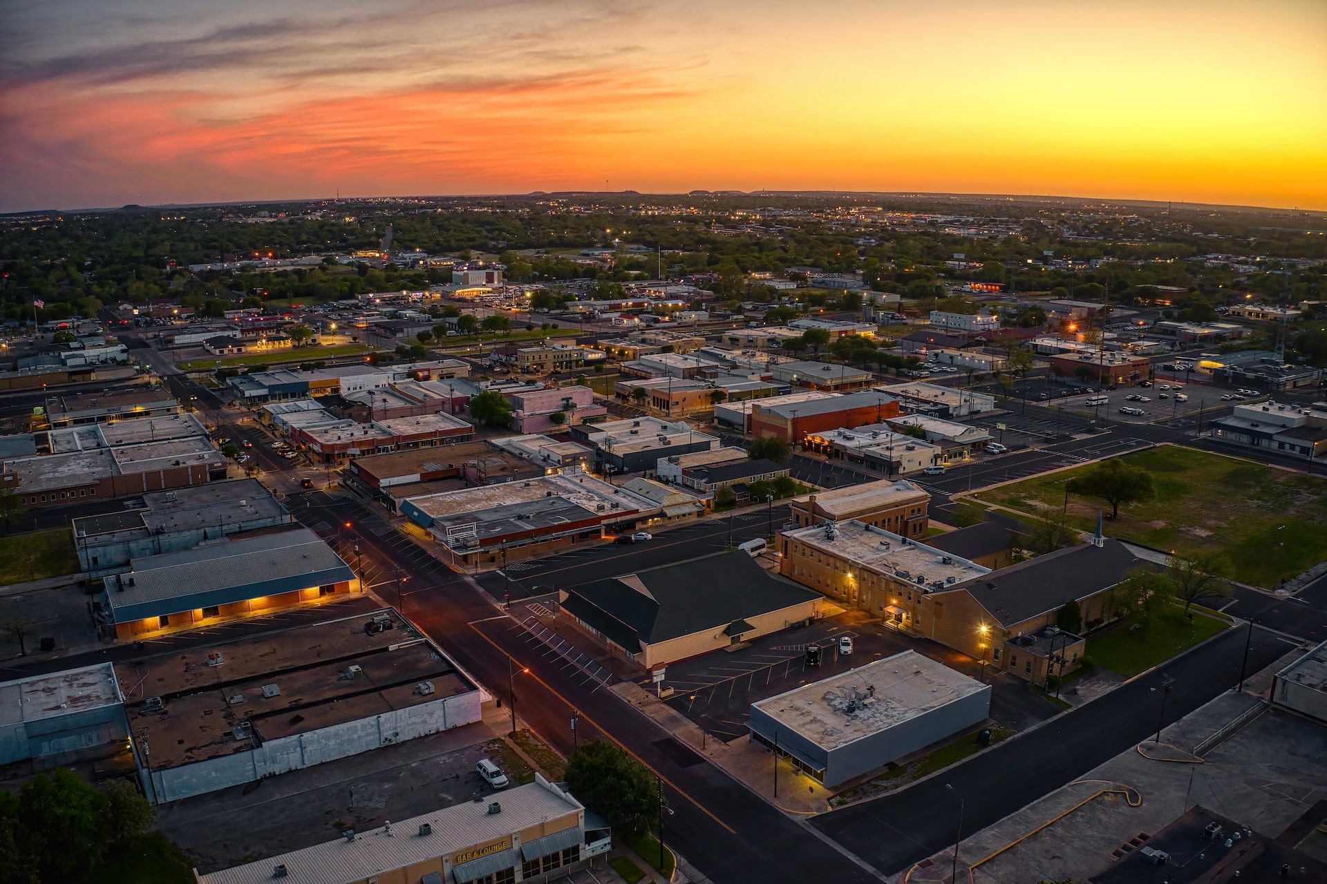Aerial View of Downtown Killeen, Texas at Sunset in Spring