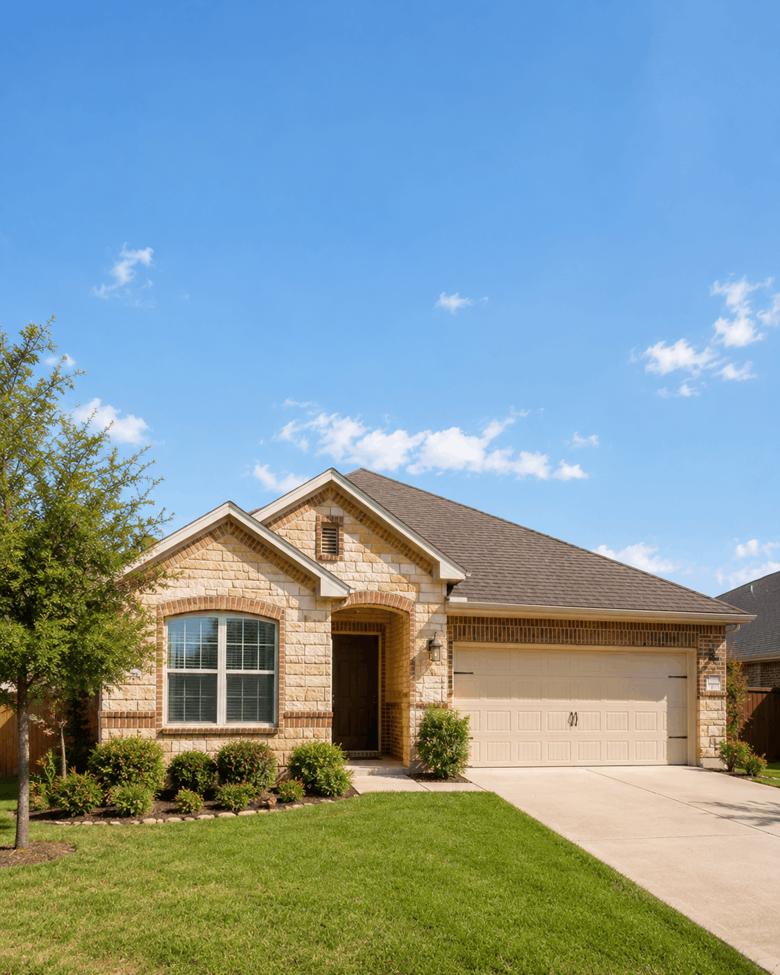 sunny suburban texas home with lush lawn